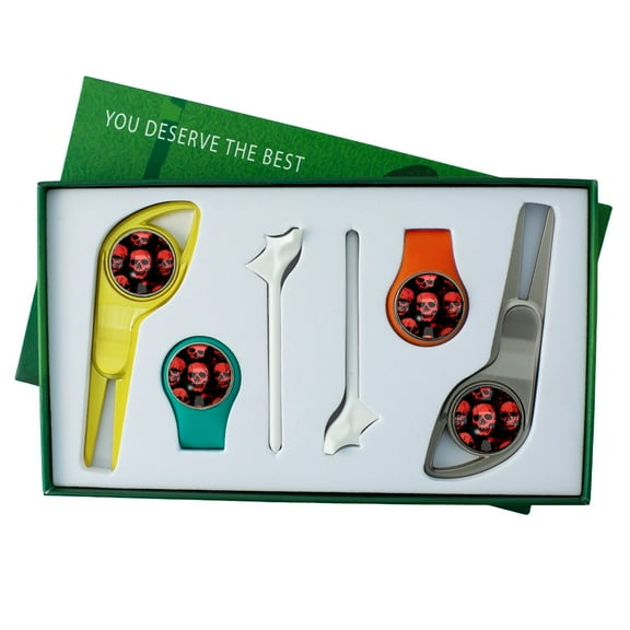Golf Gift Box for Men Portable Golf Accessories Set with Golf Ball Tees Green Fork Hat Clips Customizable Magnetic Labels Red Skull Pattern