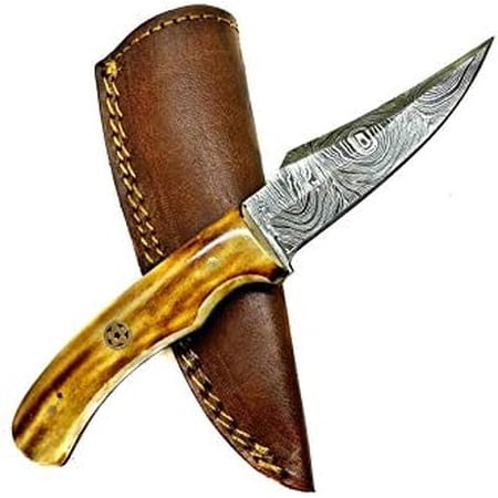 Damascus Steel Fixed Blade Skinning Knife | Handmade 1095 4340 Carbon Mix Hand Pounded | Burnt Bone Handle & leather Sheath$$Other