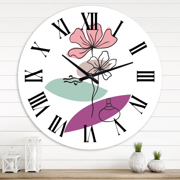 Designart 'Elementary Shapes With Abstract Flowers Plants Iv' Modern Wall Clock