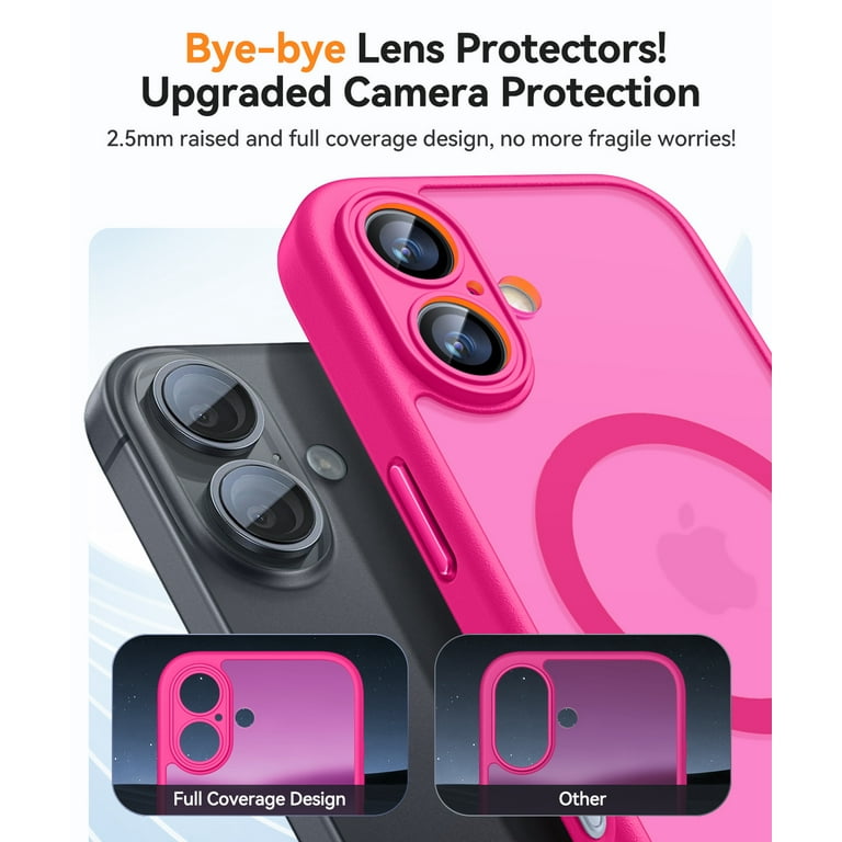 CANSHN Magnetic Compatible with iPhone 16 Case, Upgraded [Full Camera Protection] [Compatible with Magsafe] [Translucent Matte] Shockproof Protective Phone Case Cover 6.1 Inch - Hot Pink