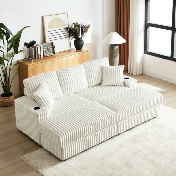Corduroy Living Room With 3 Back Pillows And Cup-holding Grooves - Comfortable Seating 84inch Comfy 2 Storage Spaces, Toss Deep Seat Couch