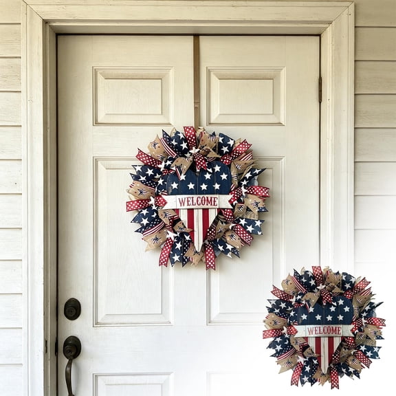 JHyouerji Patriotic Welcome Front Door Wreath 16 Inch Red White Blue Star Stripe Wired Ribbon Wreath with Flag Heart Sign Indoor Outdoor Decor for 4th of July Labor Day Party