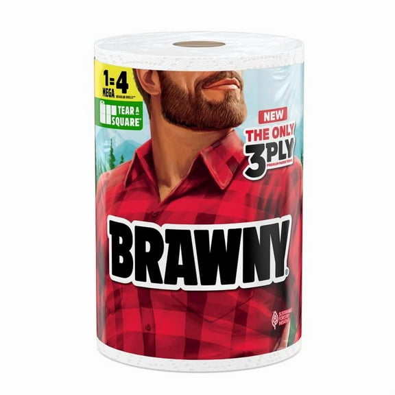 Brawny Tear-A-Square 3-Ply Paper Towels, 1 Mega Roll = 2 Regular Rolls, Strong, Absorbent, and Durable with 3 Sheet Sizes (Quarter, Half, Full)