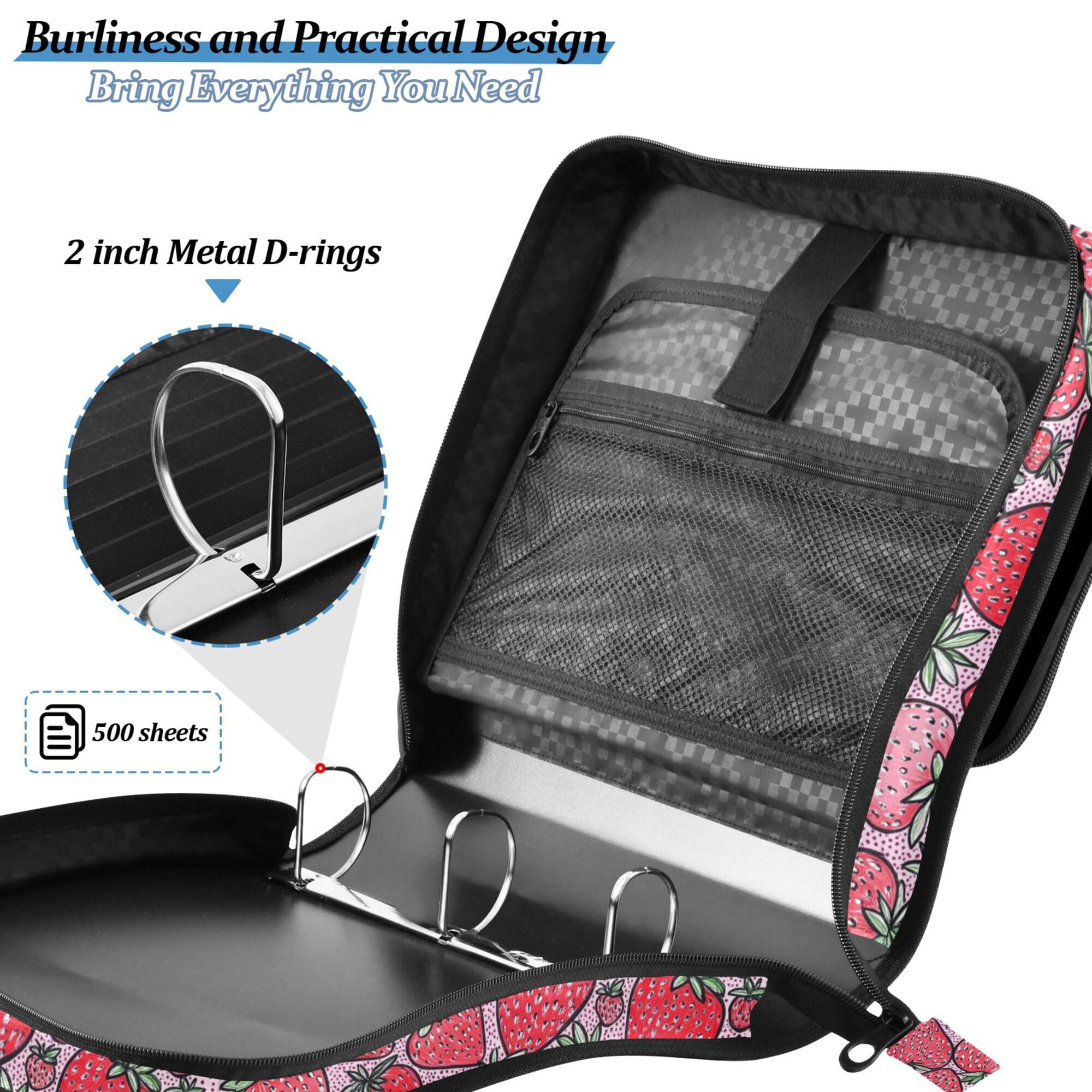 FORMRS Zipper Binder with Shoulder Strap 2-inch Ring 500 Sheet Capacity File Bag, Sweet Strawberry