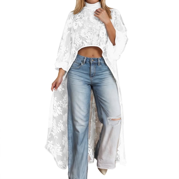 ZHOUCHANKIDS Women's Lace Top Short Front and Long Back Elegant Shirt Long Sleeve Asymmetrical High Low Dress Cover-Up White S