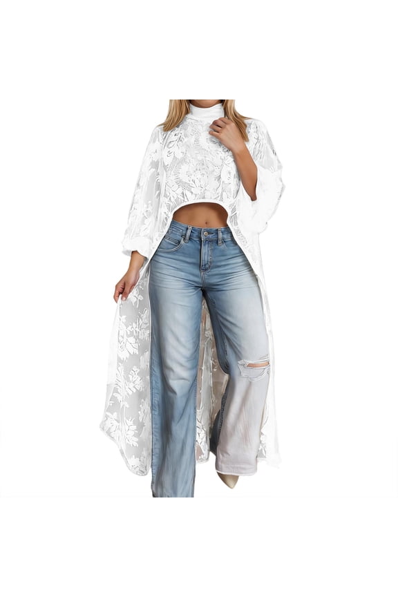 Womens Floral Lace Cropped Duster Kimono Long Sleeve Open Front Duster Kimono Sheer Romantic Vacation Kimonos