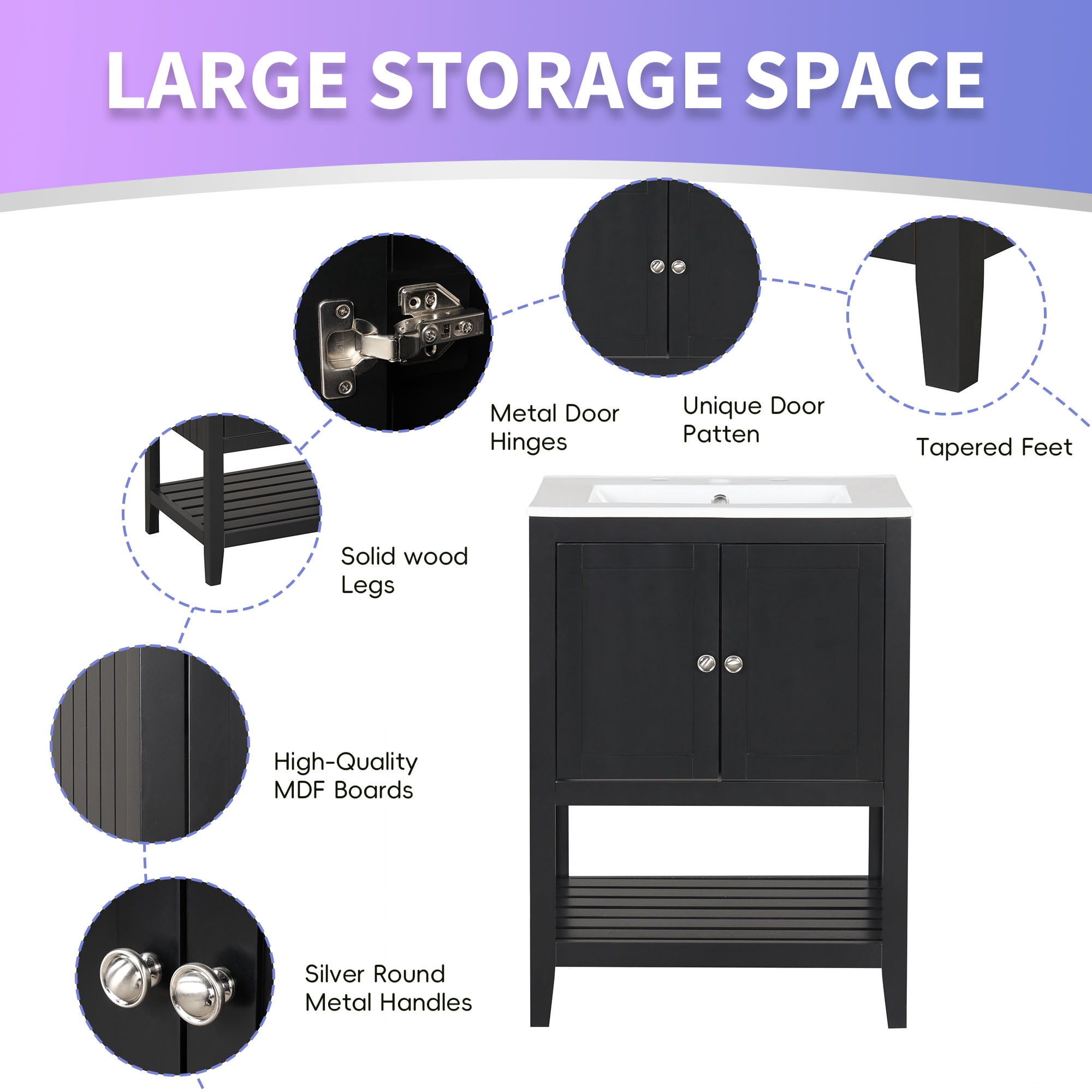 PORKISS 24" Bathroom Vanity with Ceramic Sink, Wood Bathroom Cabinet Vanity with Doors and Open Shelf, Freestanding Bathroom Storage Cabinet with Solid Wood Frame, Black