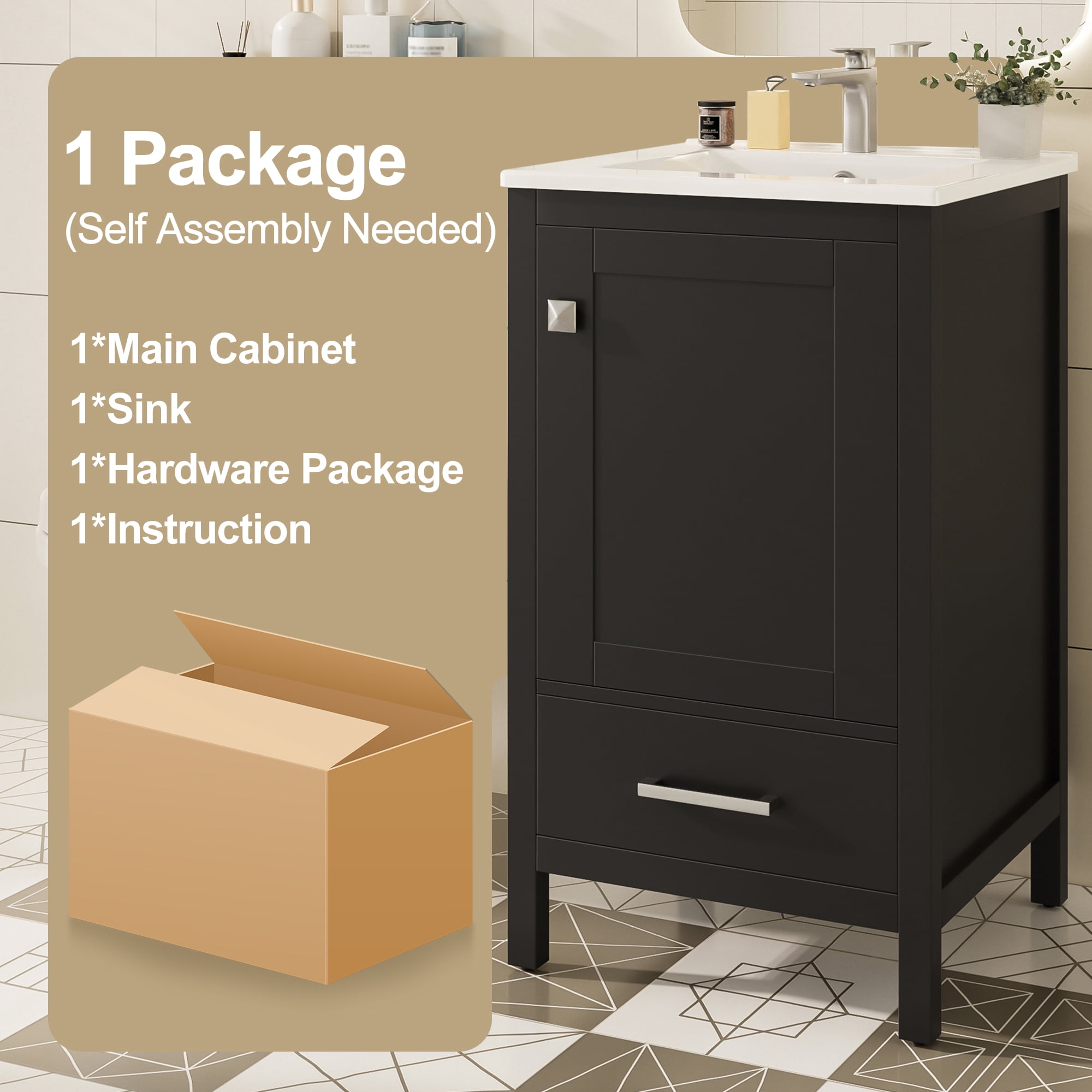 Euroco 20-Inch Modern Bathroom Vanity with Ceramic Sink, Soft-Close Drawer & Door, Double-Layer Door Organizer, Divider Drawer, Adjustable Foot Pads