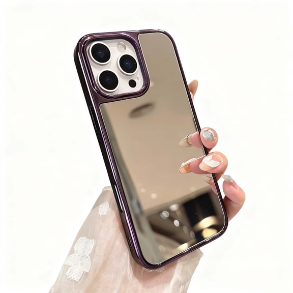 For iPhone 15 Mirror Phone Case,for Women Girls,Makeup Cute Luxury Glossy Mirror Back,Ultra Slim Shockproof Anti-fall Drop Protection,Electroplated Frame Design,Rugged Phone Case,Purple