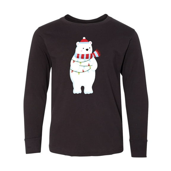 Inktastic Christmas Bear, Polar Bear, Hat, Christmas Lights Long Sleeve Youth T-Shirt