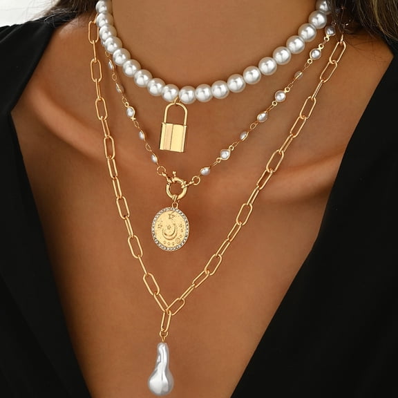 NICKSUN 3Pcs Dainty Imitation Pearl Pendant Necklaces,14K Gold Plated Bead Stackable Necklace Set, Toggle Choker for Women