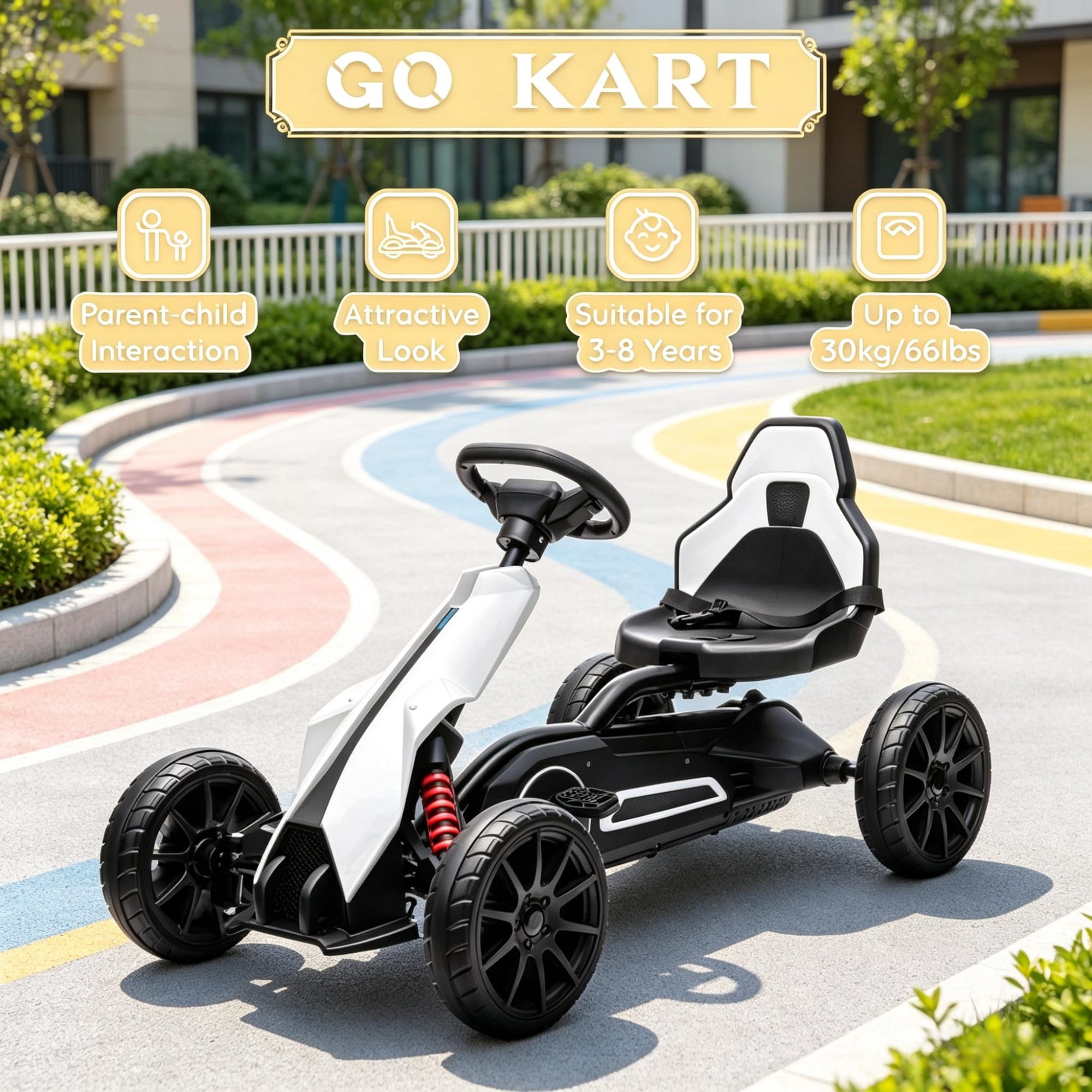 Kids Pedal Go Kart, Adjustable Seat, Full Swing Axle, All-Terrain Ride On Toy, White