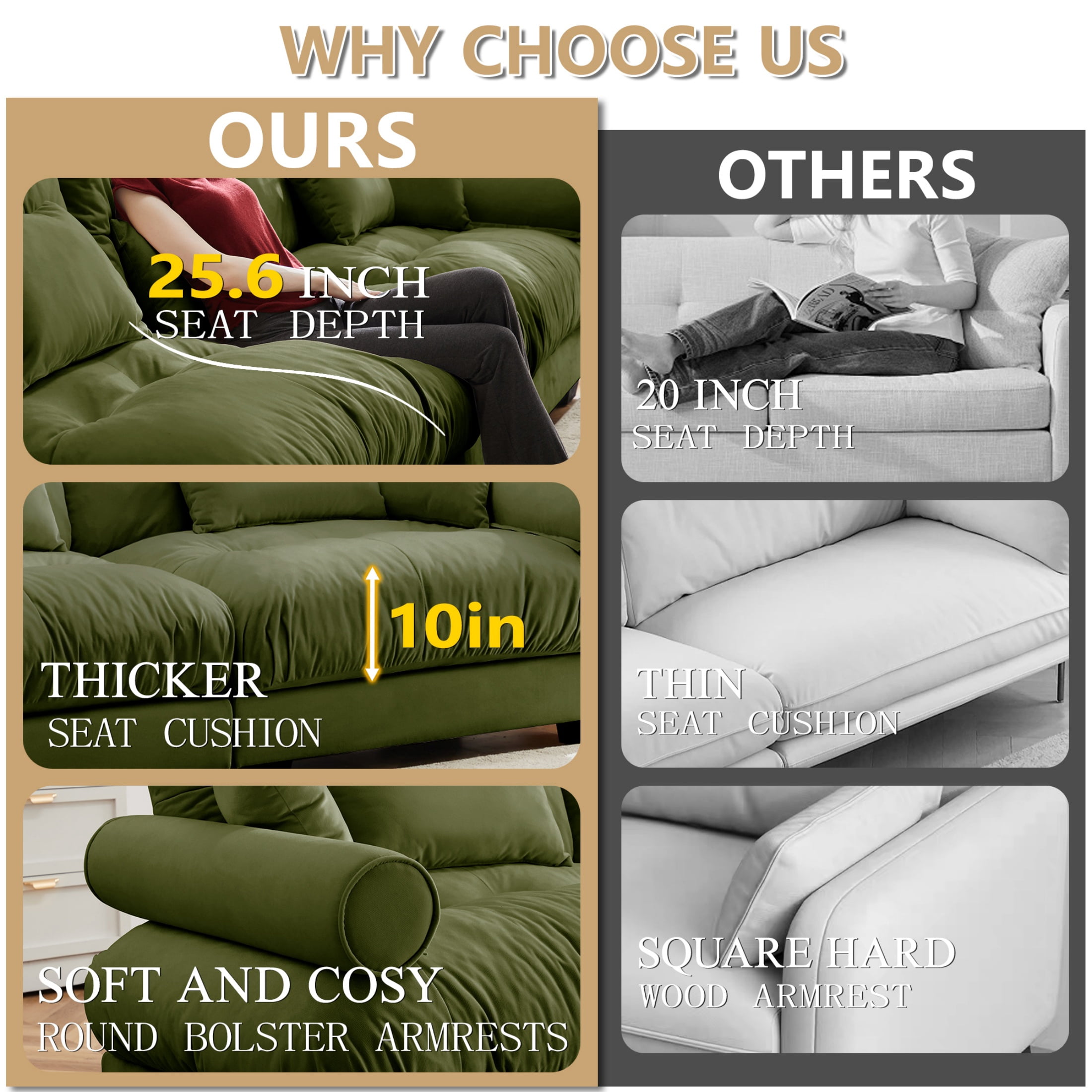 Amuille 130" Modular Sectional Sofa Velvet Cloud Couch, 3-Seat Deep Seat Couch for Living Room, With Waist Pillows and Throw Pillows, Olive Green