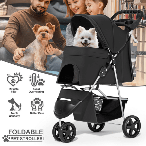 MoNiBloom 3 Wheel Folding Pet Dog Stroller, Foldable Lightweight Trolley with Storage Basket, Cup Holder and 360° Rotating Front Wheel for Small Medium Dogs, Black