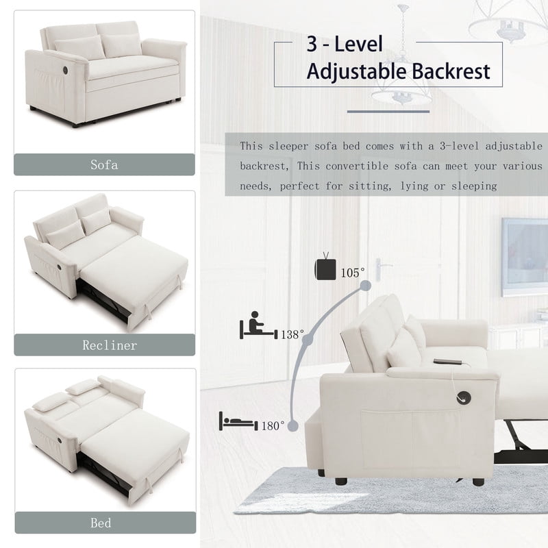3-in-1 Convertible Velvet Pull Out Sofa Bed, Loveseat Chaise Sleeper Sofa with Adjustable Backrest, USB Ports & Side Pockets