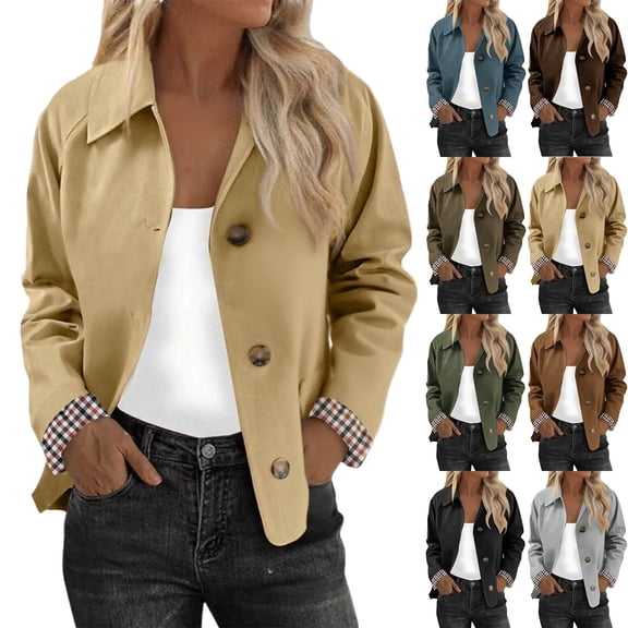 Women's Cropped Trench Coat Classic Collar Oversize Casual Jackets with Checkered for Spring and Fall Wear, Office Events, and Casual Outings,Army Green,L