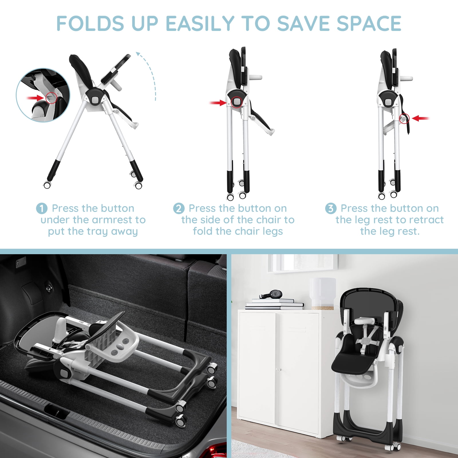Sejoy 4 Wheels Baby High Chair for Toddlers, Foldable High Chair with Adjustable Seat Heigh, Black