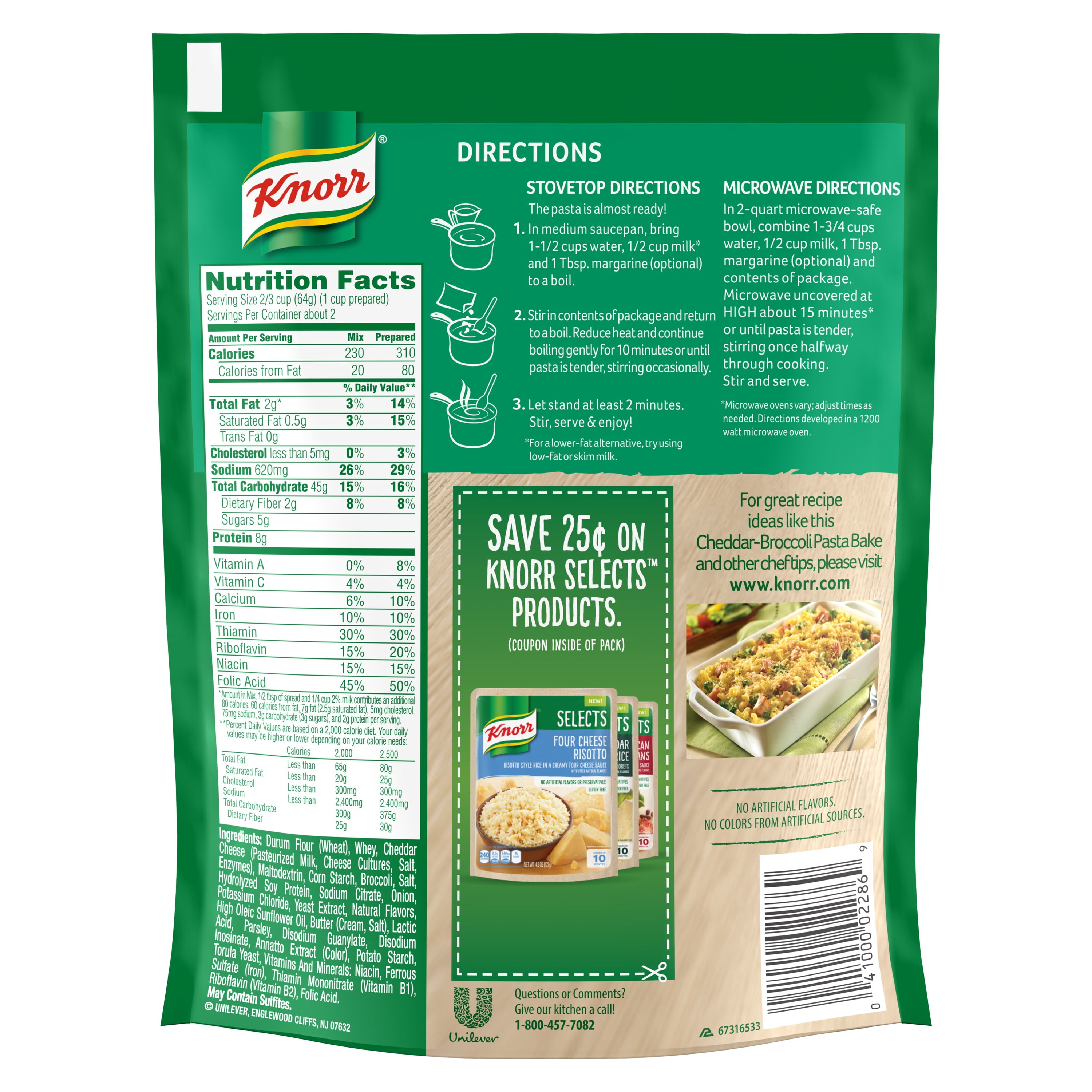Knorr Pasta Sides Cheddar Broccoli Fusilli Made with No Artificial Flavors, 4.3 Oz Pouch