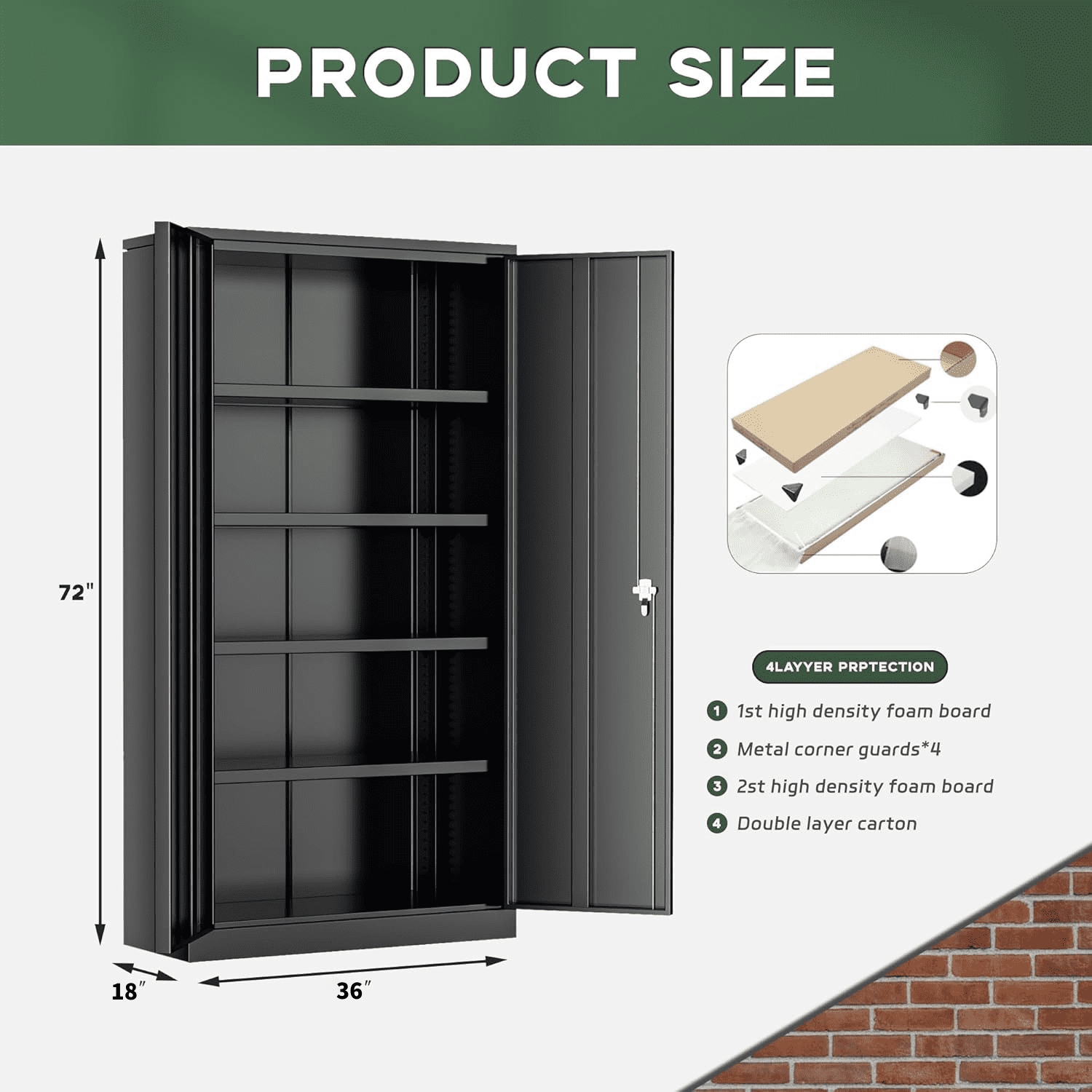 72 In Metal Storage Cabinets with Locking Doors and Adjustable Shelves, Steel Storage Cabinet for Garage, Home Office(Black)