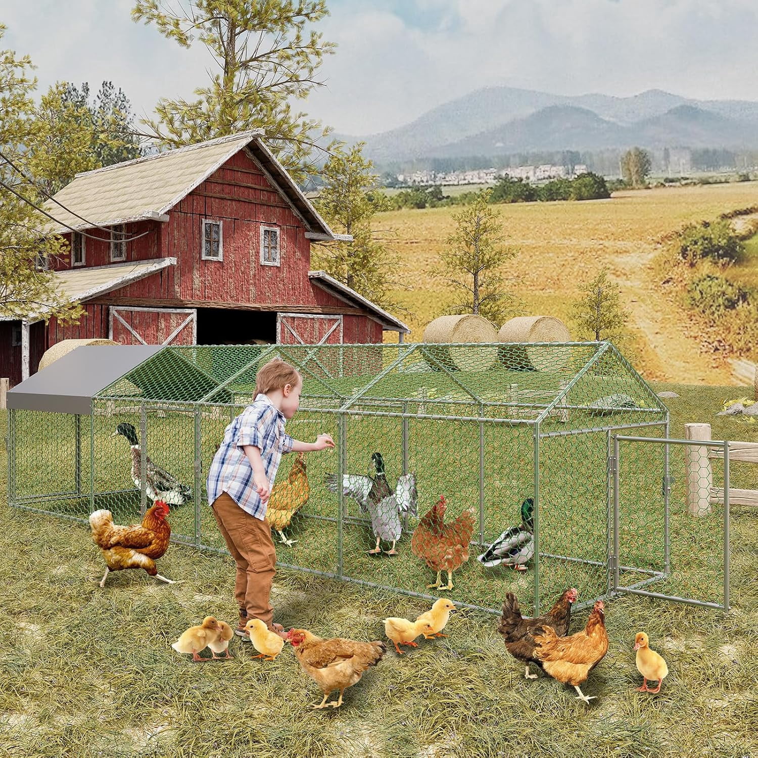 ChaoLink Large Metal Chicken Coop with Waterproof & Anti-UV Cover – 160x40x40 Inches Outdoor Hen House with 4 Doors for Yard, Rabbit, Duck & Goose
