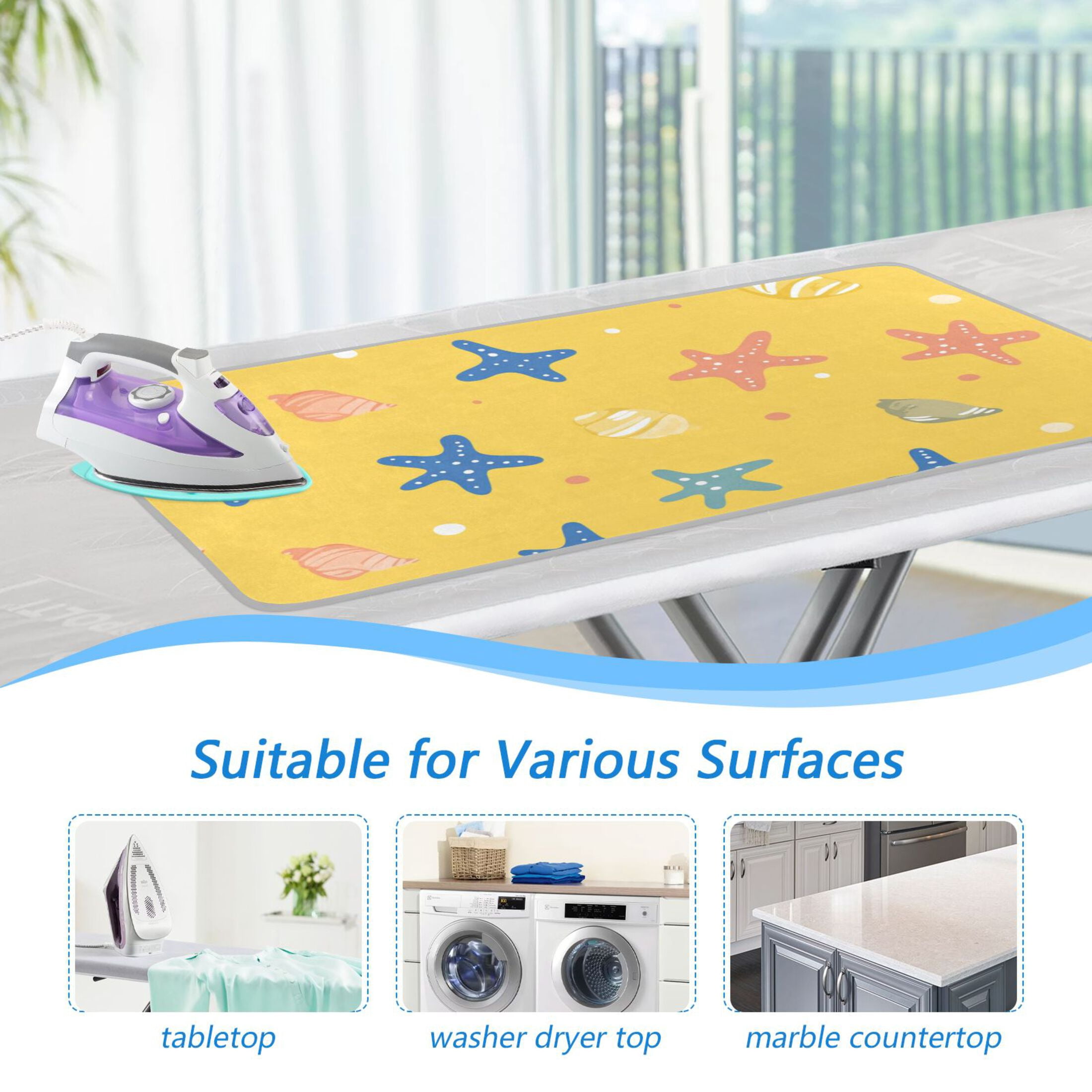 Cartoon Seashell Starfish Yellow Background Ironing Mat Blanket Portable Travel Ironing Pad Heat Resistant Pad 47.2" x 27.6”