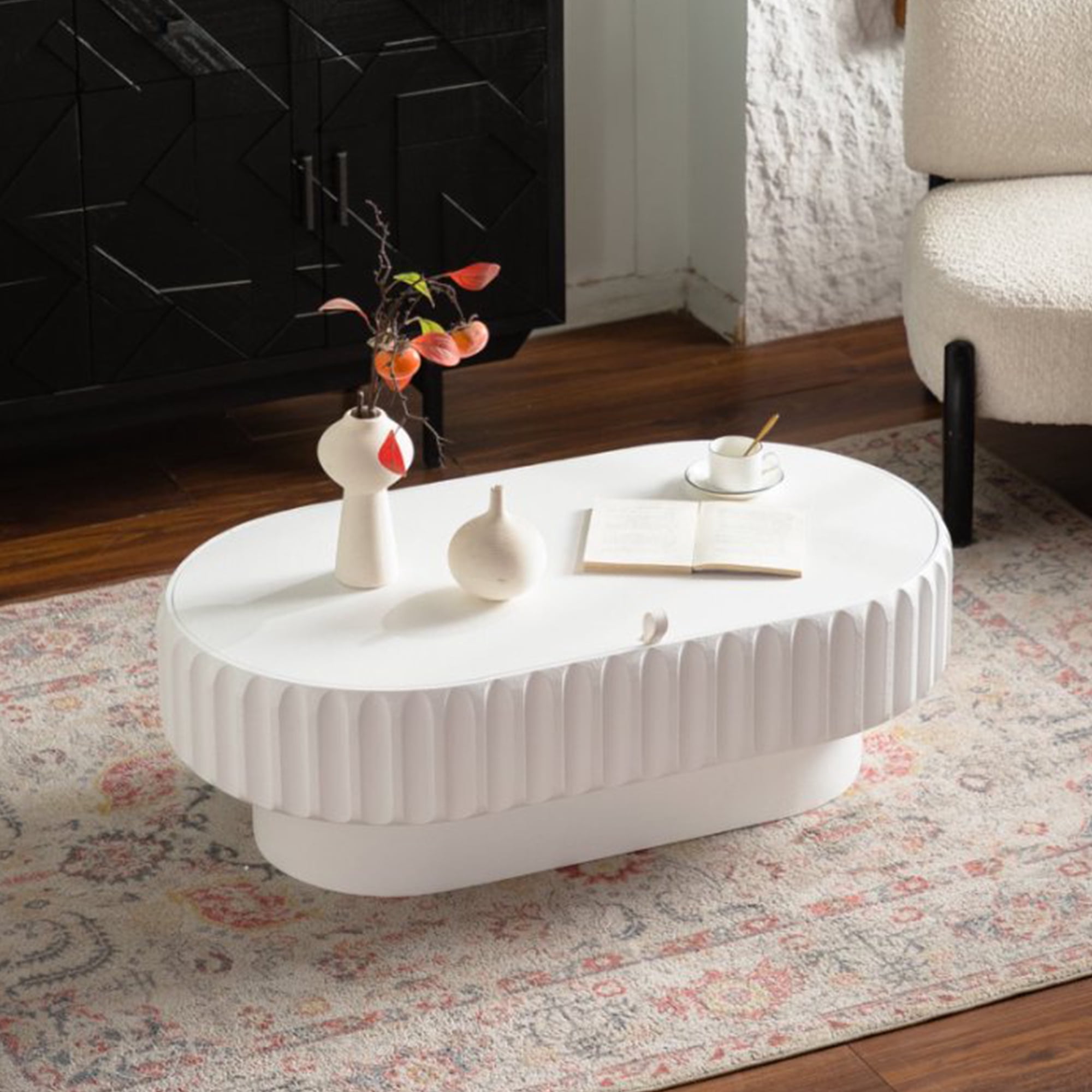 Leumius Coffee Table Fluted Storage Table with Lift-Off Lid, Sleek Texture for Living Room Apartment White
