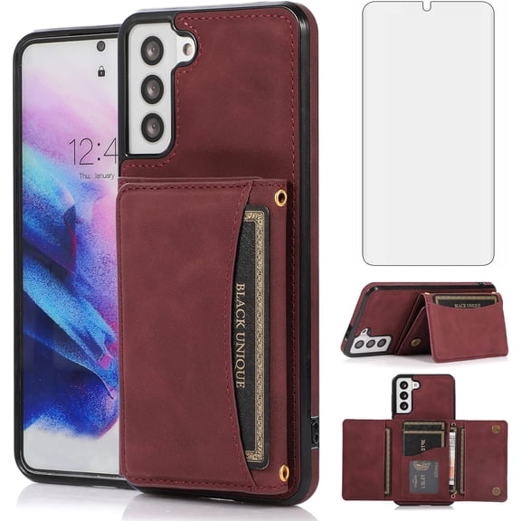 Phone Case for Samsung Galaxy S21 Glaxay S 21 5G 6.2 inch Wallet Cover with Tempered Glass Screen Protector and PU Leather Credit Card Holder Stand Cell Accessories Gaxaly 21S G5 Men Wine Red