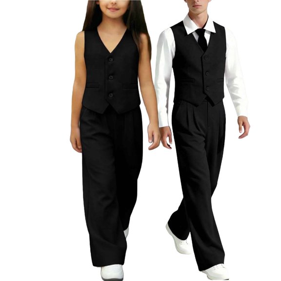 Kilaqueen Girls and Boys Summer Outfits 2 Piece Sets Sleeveless Button Down Vest Elastic Pant Casual Business Suit Back to School Outfits