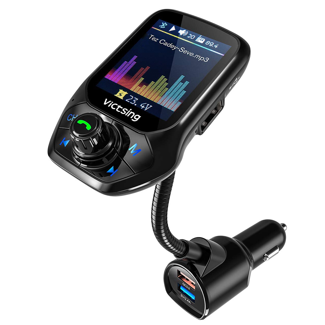 KM22 Silver Nulaxy Bluetooth Car FM Transmitter Wireless Audio Adapter Receiver Handsfree Voltmeter Car Kit TF Card AUX USB 1.44 Display On/Off Button EQ Folder Play Mode 