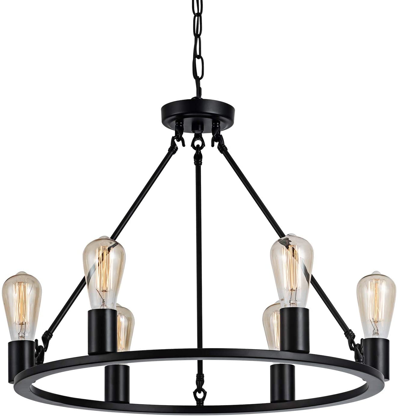 6Light Wagon Wheel Farmhouse Chandelier Industrial Round Chandelier,28'' Rustic Black Metal