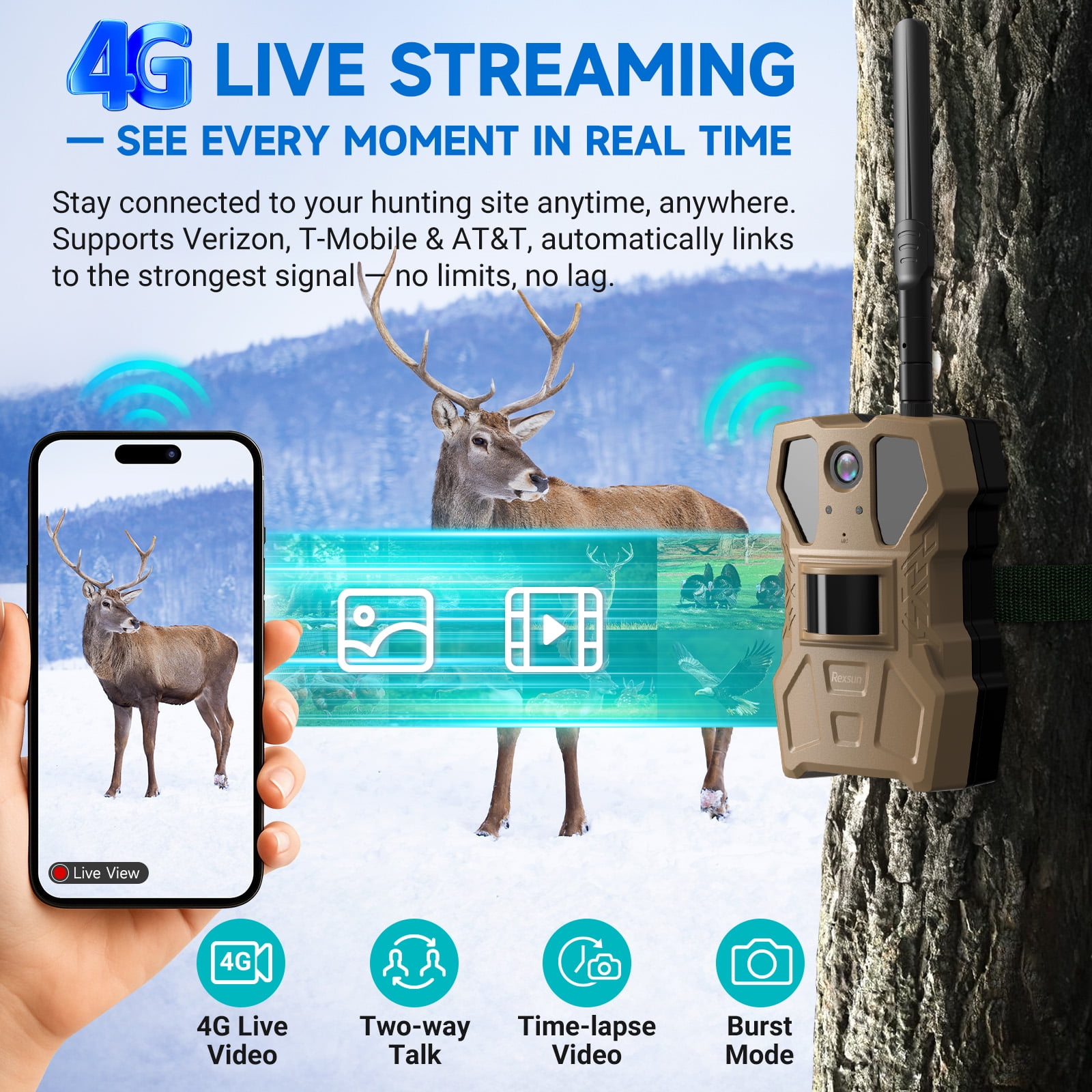 Rexsun 4G Cellular Trail Camera w/AI Detection, 2K 33MP Live Streaming Game Camera w/Unlimited Data Plan, No-Glow IR Flash, 120° FOV, 0.2S Fast Trigger, Two-Way Talk, Solar Panel & Battery Powered