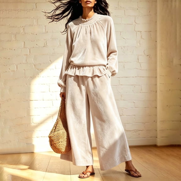 Usloyux Women's 2 Piece Lounge Set Long Sleeve Crew Neck Pullover Top and Wide Leg Pants Matching Tracksuit Outfits, Beige S