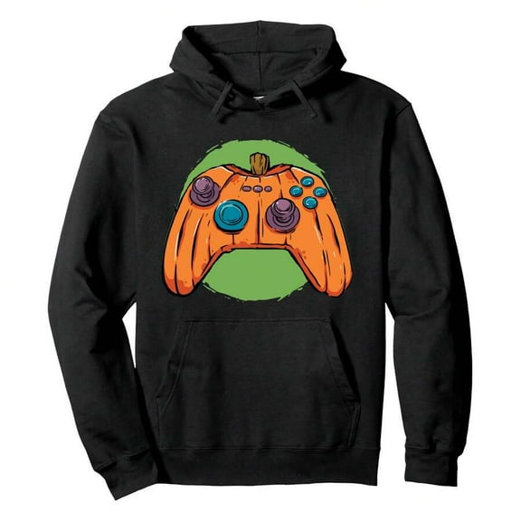 Halloween Gamer Costume Pumpkin Men Video Controller Pullover HoodieMen's Halloween Thanksgiving Print Hooded Sweatshirt, Thick Cotton Blend, Cool Weather Casual Wear
