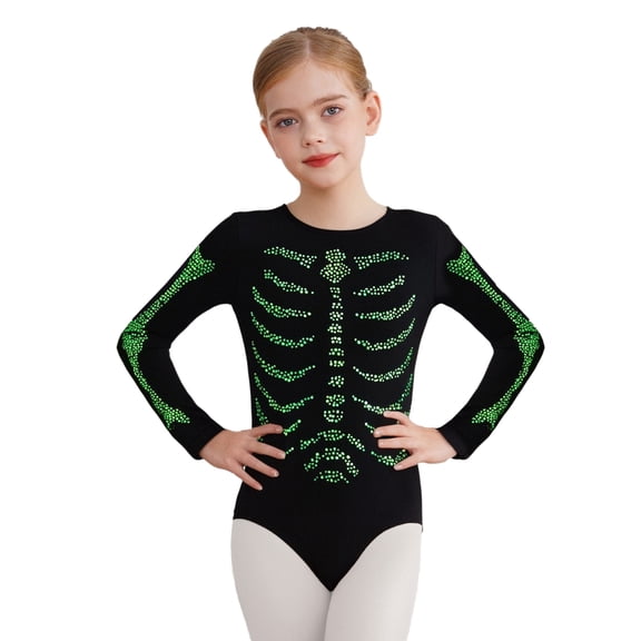 iiniim Girls Cosplay Halloween Skull Costume Gymnastics Ballet Dancewear Rhinestone Leotard Green 8