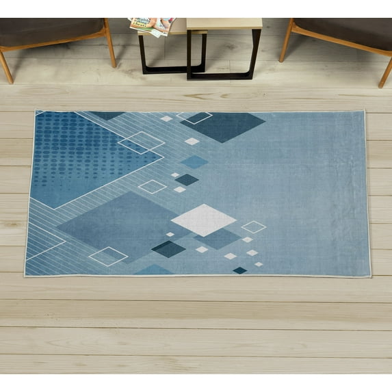 Abstract Decorative Rug, Geometric Composition Different Colored Squares Striped Dotted Rhombus, Quality Carpet for Bedroom Dorm and Living Room, 6 Sizes, Pale Blue, by Ambesonne