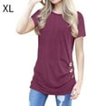 thumbnail image 1 of keepw Women Solid Color Button T-shirt Round Neck Short Sleeve Top Red wine XL, 1 of 4