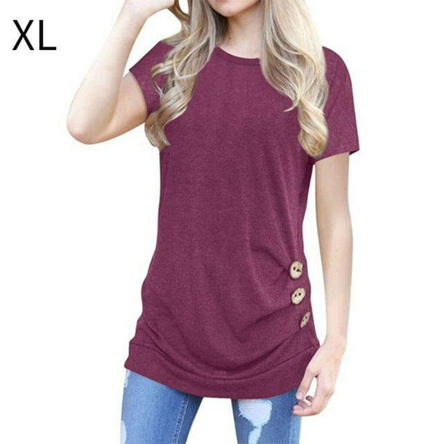 keepw Women Solid Color Button T-shirt Round Neck Short Sleeve Top Red wine XL