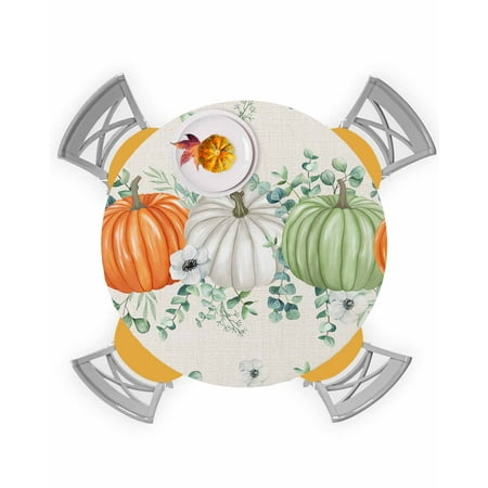 

Round Tablecloth with Elastic Fall Thanksgiving Green Orange Pumpkins Eucalyptus Leaves Linen Waterproof Stain-proof Table Cover Wipeable Fitted Table Cloths for 36 -44 Round Tables Dining Kitchen