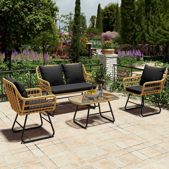 Dextrus 4-Piece Patio Furniture Wicker Outdoor Bistro Set, All-Weather Rattan Conversation Loveseat Chairs for Backyard, Balcony and Deck with Soft Cushions and Metal Table (Light Brown Black)