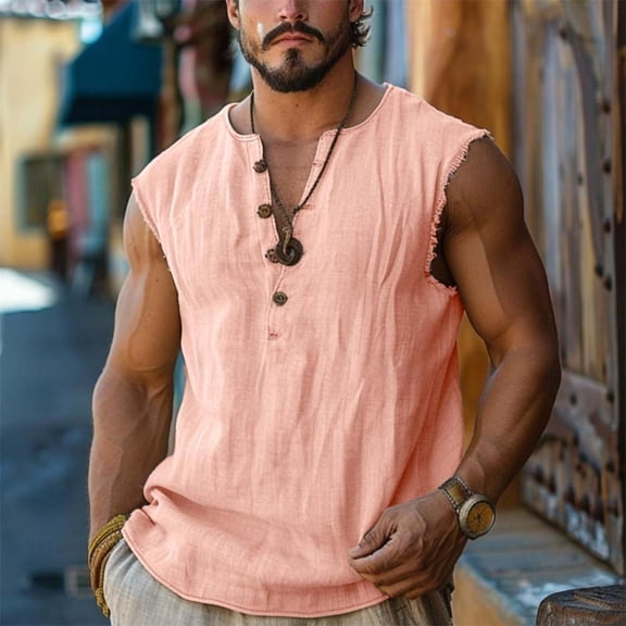 Yaoyar Mens Lightweight Cotton Linen Tank Tops Frayed Cut Off Sleeveless Casual Henley Shirt Beach Hippie Vintage Tunic Vest