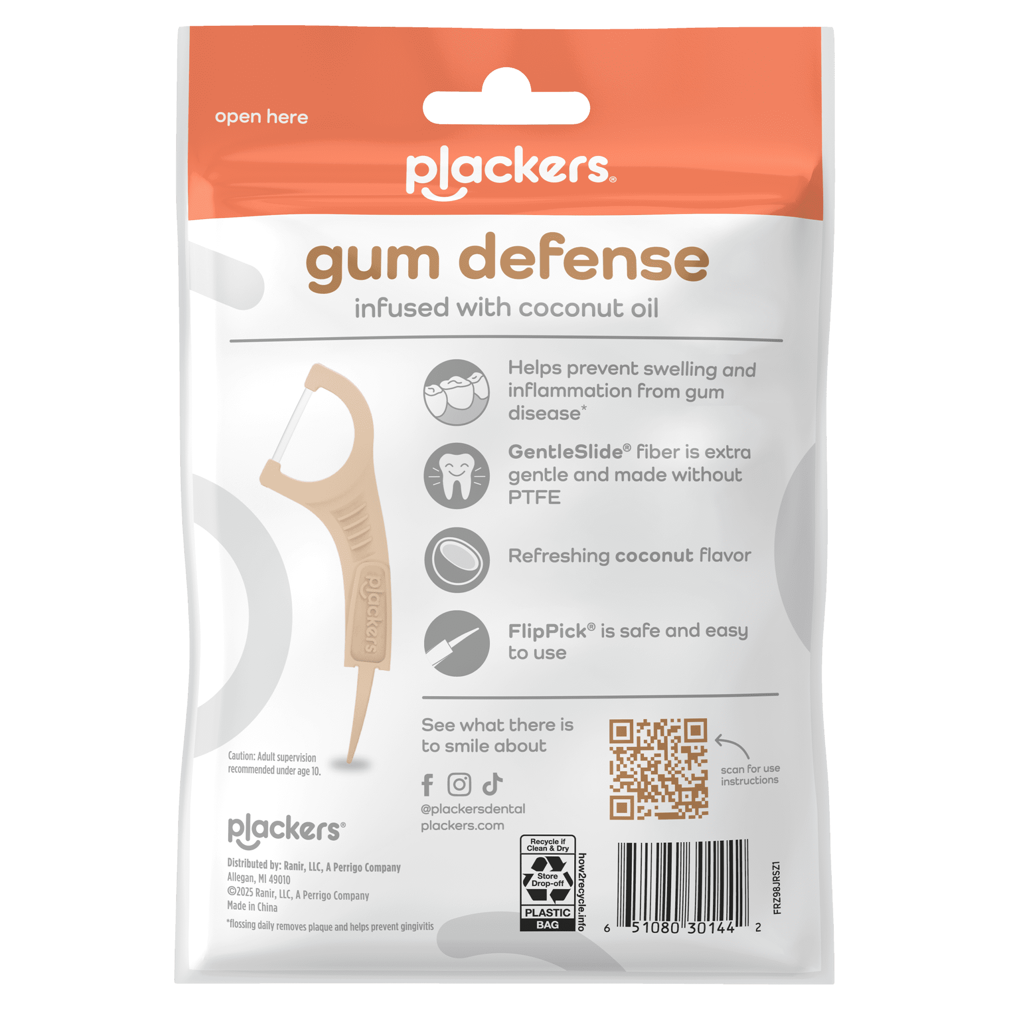 Plackers® Gum Defense Floss Picks with Coconut Oil, Refreshing Coconut Flavor, Gentle, 75 Count