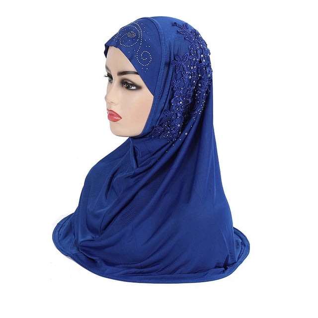 Hermosa bufanda para niña, tela de seda helada, pañuelo para la cabeza con encaje lateral y diamantes de imitación, material de seda helada H027