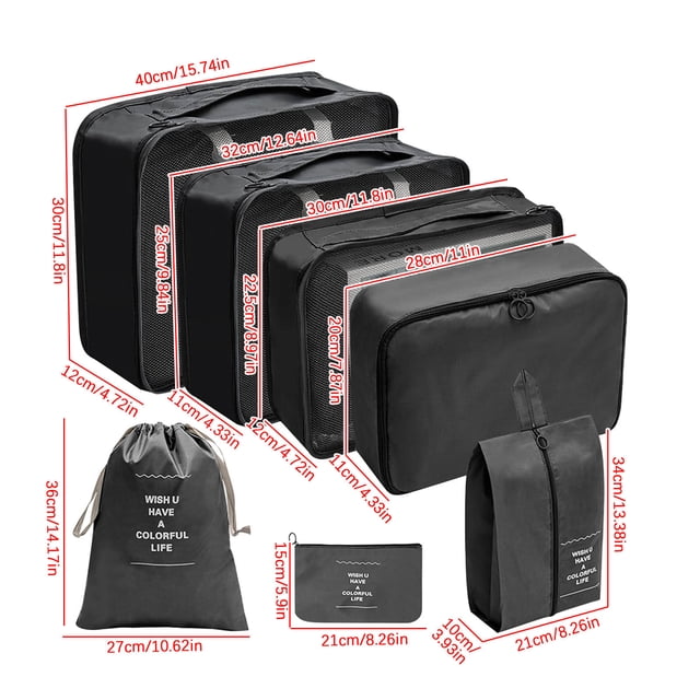Conjunto de Bolsa de Maquillaje de Viaje con Traje de 7 Piezas Ropa Zapatos Ropa Interior Sub-Bolsa, Pequeño Maquillaje Bolsa Equipaje Acabado Organizador, 40x12x30cm Etc.