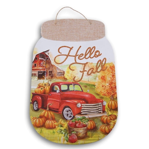 Glitter Autumn Jar-Shaped Pumpkins ''Hello Fall'' Hanging Sign with Burlap Embellishment - Approximately 8.5 x 13 Inches