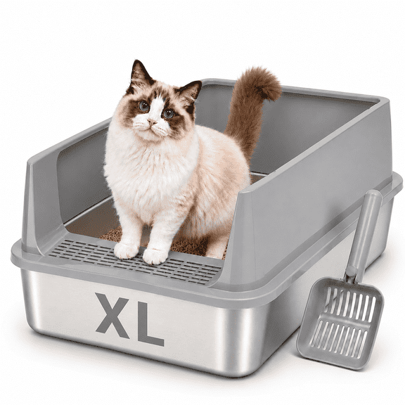PHANCIR XL Cat Litter Box, Stainless Steel High-Sided, 23.62 x 15.75 in, 4in Deep Pan, with Litter Scoop & 6 Anti-Slip Pads, Gray