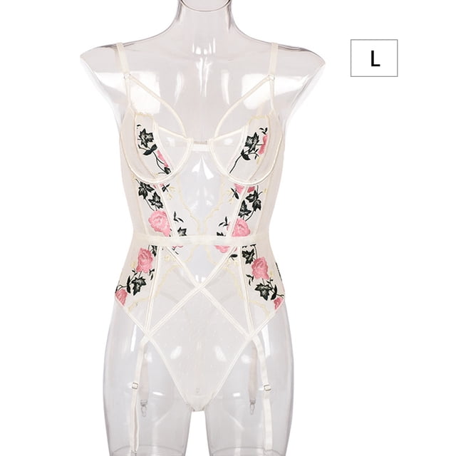 Mono Sexy Bordado Flor Body Hollow Lace Lencería Ropa de dormir, L Scienceny XX000117-03