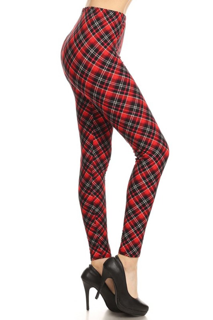 Womens Regular Size Black Red Plaid Pattern Ultra Soft Leggings (One ...