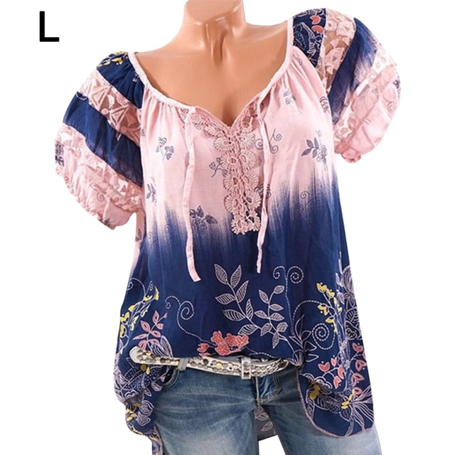 Blusa Camisa estampada de manga corta con cuello en V Blusa suelta Mujer Top de verano, Rosa, L Scienceny AP001925-19