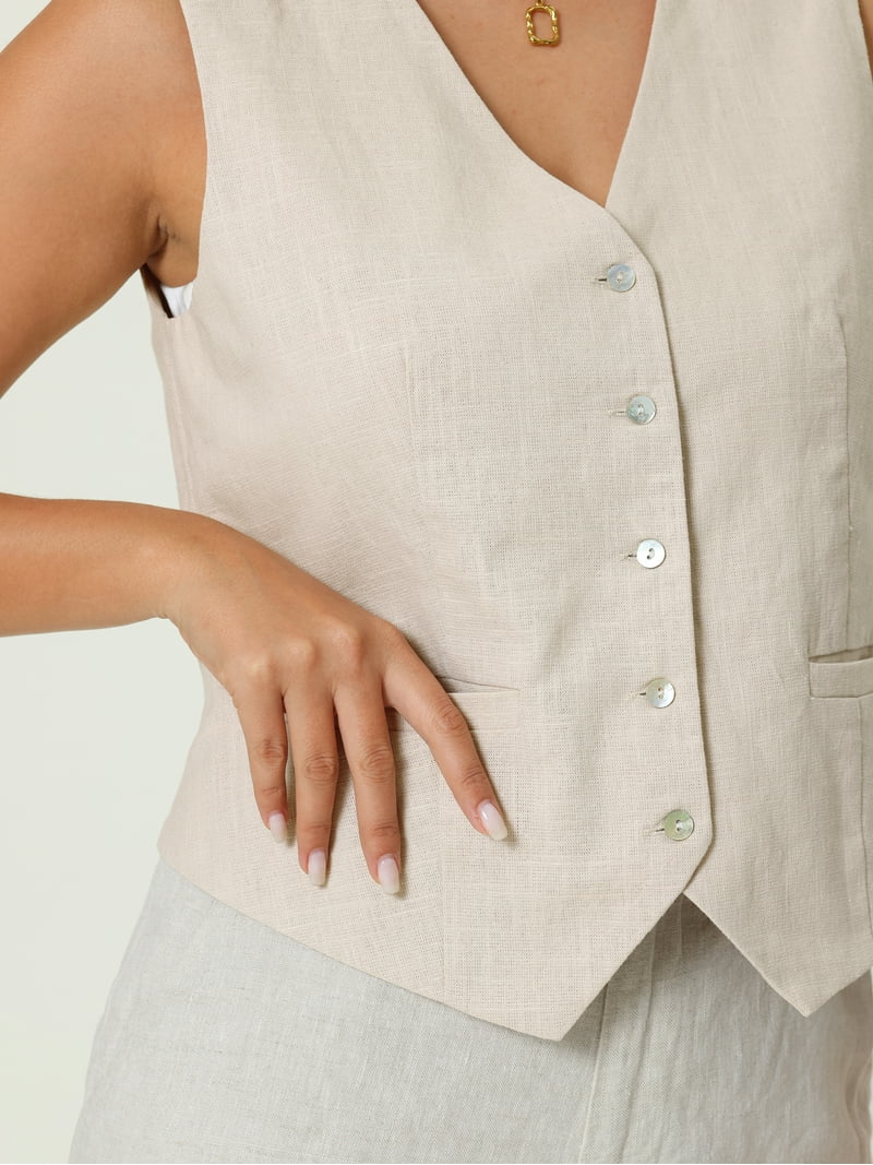 Unique Bargains Women's Linen Vest Sleeveless Button Down V
