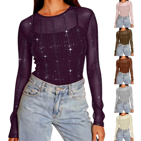 Miluxas Womens Lace Long Sleeve Boat Neck Tops Sheer Blouse See Through Shirt Mesh Top Yellow XL(XL)
